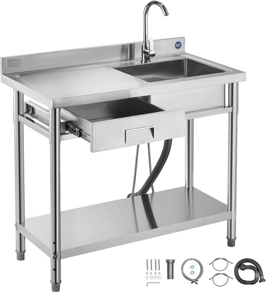 Lavello da cucina - Lavello da cucina in acciaio inox a vasca singola 100 x 50 x 94 cm - Con rubinetto - Con cassetto - Piano di lavoro a sinistra - Indipendente - Per la ristorazione e l'uso esterno