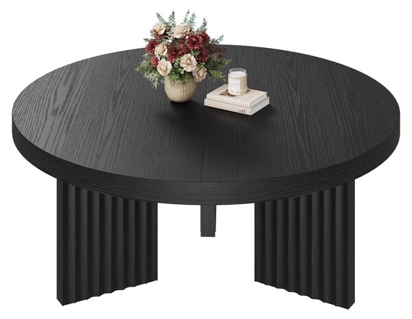 Tavolino da caffè rotondo, diametro 85 cm, con gambe scanalate, design moderno, ideale per il soggiorno, realizzato in MDF, finitura nera strutturata