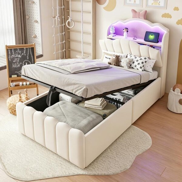 Letto per bambini 90x200 cm con spazio contenitore a sistema idraulico, rivestimento in velluto color beige, testiera LED con illuminazione a colori e prese USB e USB-C
