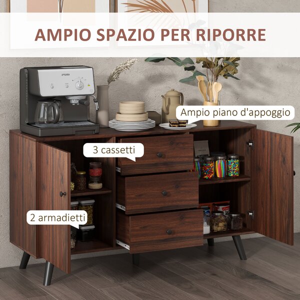 HOMCOM Credenza Moderna in Legno e Truciolato con 2 Armadietti e 3 Cassetti, 127x40x76 cm, Marrone e Nero