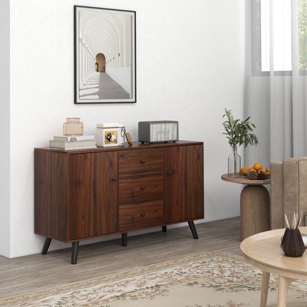 HOMCOM Credenza Moderna in Legno e Truciolato con 2 Armadietti e 3 Cassetti, 127x40x76 cm, Marrone e Nero