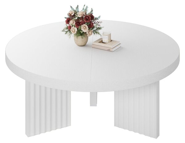 Tavolino da caffè rotondo, diametro 85 cm, con gambe scanalate, stile moderno, ideale per il soggiorno, realizzato in MDF, finitura bianca strutturata (codice prodotto: 8211-YC)