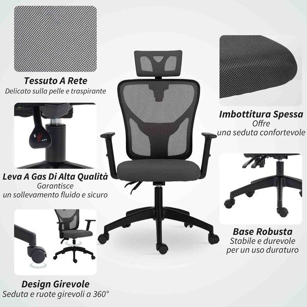 Vinsetto Sedia da Ufficio Ergonomica e Regolabile con Supporto Lombare e Poggiatesta, 66x61x106-116 cm, Grigio | Aosom Italy