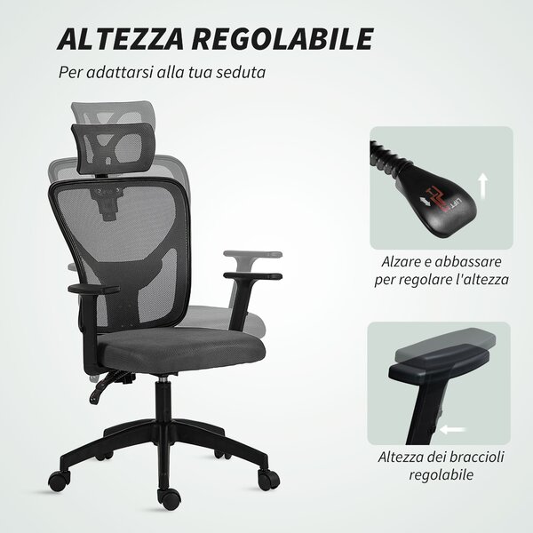 Vinsetto Sedia da Ufficio Ergonomica e Regolabile con Supporto Lombare e Poggiatesta, 66x61x106-116 cm, Grigio | Aosom Italy