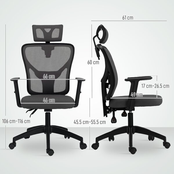Vinsetto Sedia da Ufficio Ergonomica e Regolabile con Supporto Lombare e Poggiatesta, 66x61x106-116 cm, Grigio | Aosom Italy