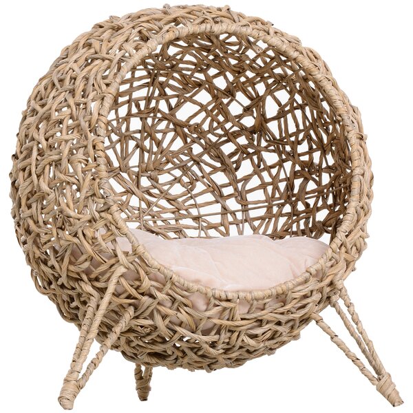 PawHut Cesta Rialzata per Gatti Fino a 10kg, Cuccia per Animali Domestici in Rattan PE Color Legno (Φ52x58cm)|Aosom