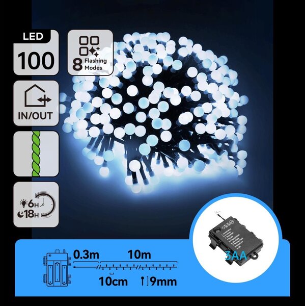 Aigostar - Catena luminosa natalizia LED per esterni 100xLED/8 funzioni 3xAA 10,3 m IP44 bianco freddo