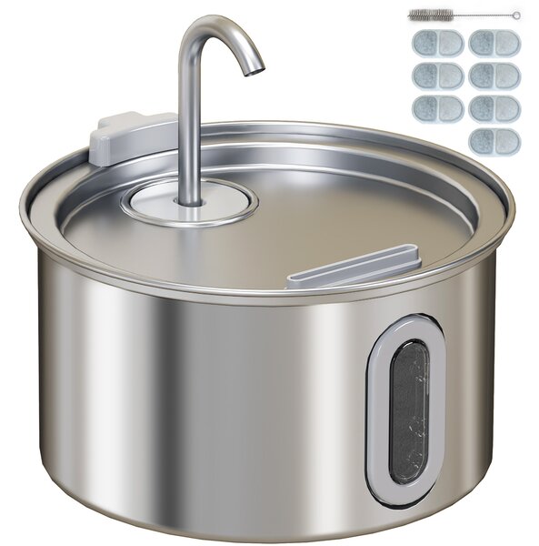 PawHut Fontanella per Gatto 2.5L con Luce LED e 2 Modalità di Flusso, in Acciaio Inox, 19.4x19.4x18.7 cm, Argento | Aosom Italy