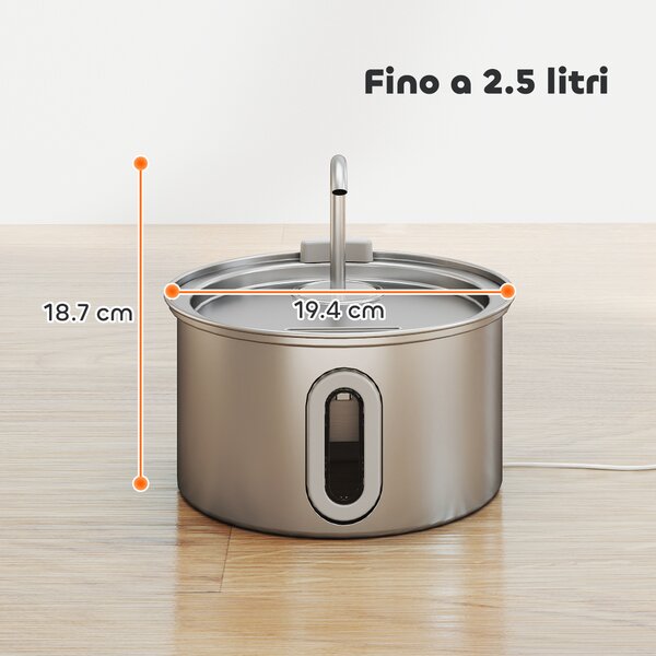 PawHut Fontanella per Gatto 2.5L con Luce LED e 2 Modalità di Flusso, in Acciaio Inox, 19.4x19.4x18.7 cm, Argento | Aosom Italy