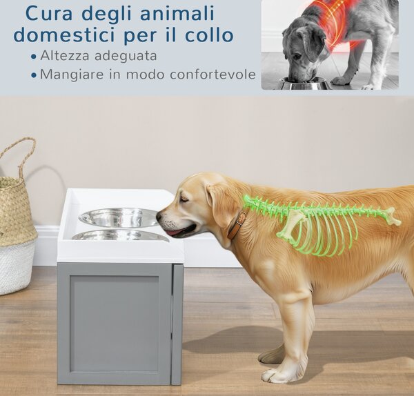 PawHut Ciotole per Cani Rialzate in Acciaio Inox e Legno con Cassetto, 60x30x36cm, Grigio | Aosom Italy