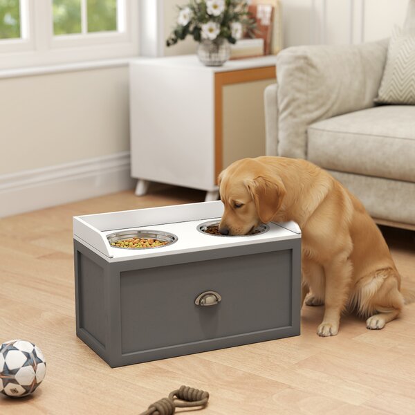 PawHut Ciotole per Cani Rialzate in Acciaio Inox e Legno con Cassetto, 60x30x36cm, Grigio | Aosom Italy