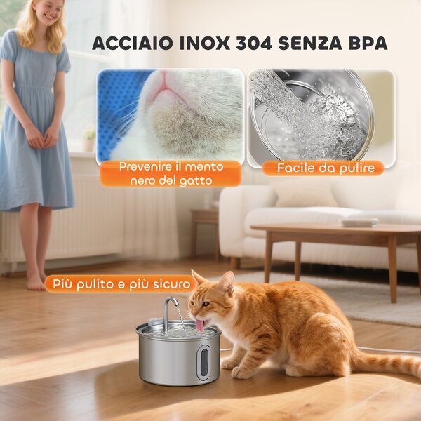 PawHut Fontanella per Gatto 2.5L con Luce LED e 2 Modalità di Flusso, in Acciaio Inox, 19.4x19.4x18.7 cm, Argento | Aosom Italy