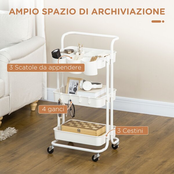 HOMCOM Carrello Cucina Multiuso a 3 Livelli con Cestini e Ganci Rimovibili, Ripiano con 12 Divisori, Bianco | Aosom Italy
