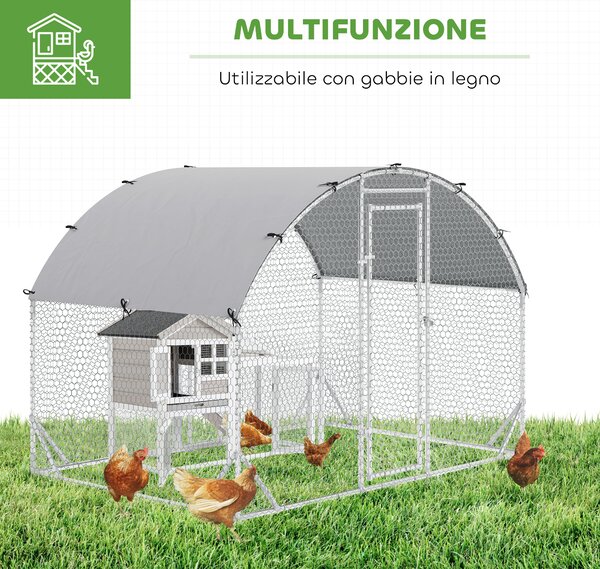 PawHut Recinto per Galline in Metallo Galvanizzato con Tetto e Copertura Anti UV, 280x190x195 cm, Argento | Aosom Italy