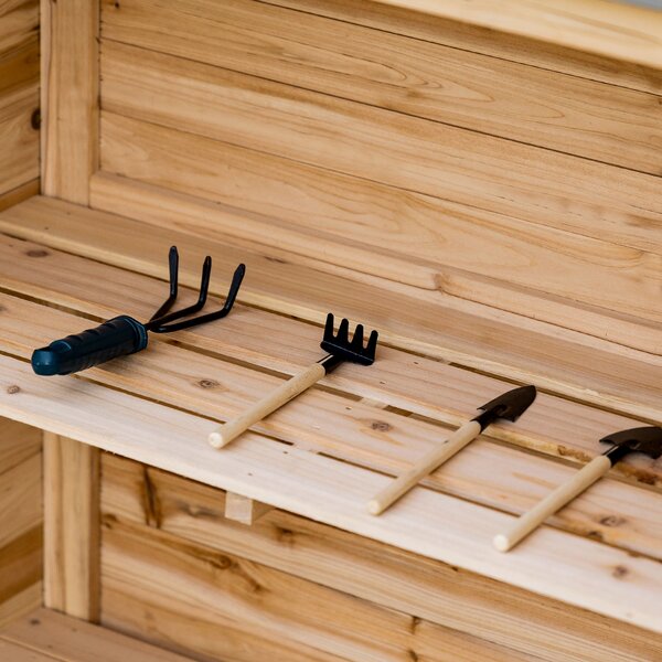 Outsunny Armadio da giardino con 2 ripiani, piano di lavoro in metallo con bordo rialzato, legno naturale, 83 x 40 x 92 cm
