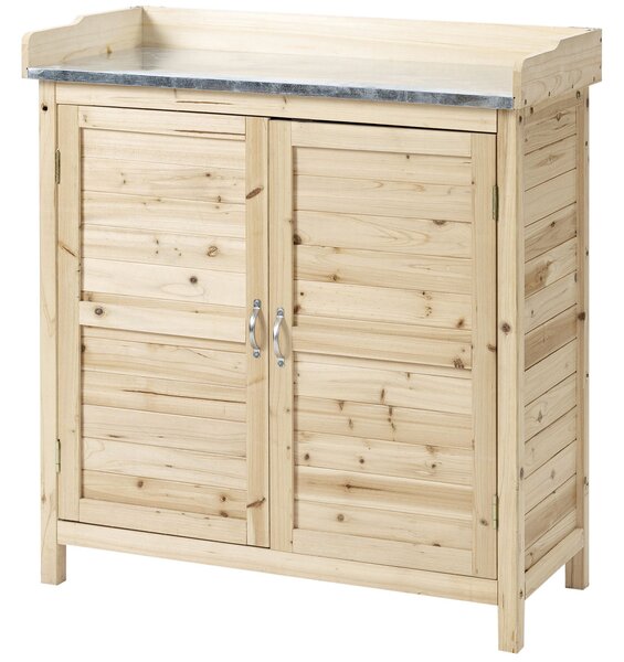 Outsunny Armadio da giardino con 2 ripiani, piano di lavoro in metallo con bordo rialzato, legno naturale, 83 x 40 x 92 cm