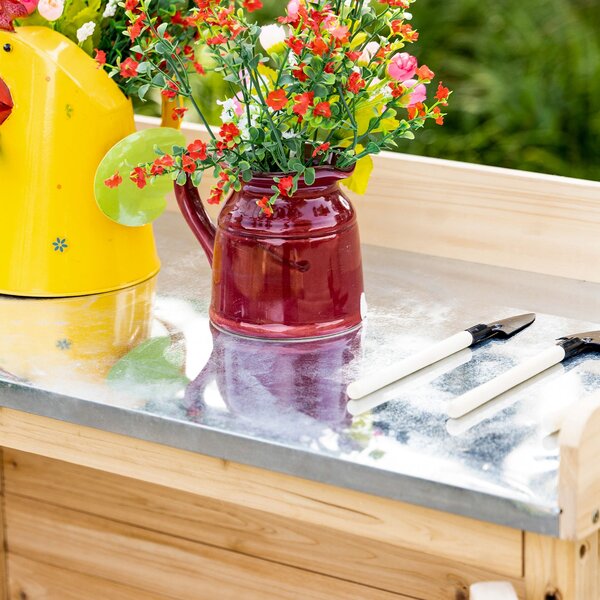 Outsunny Armadio da giardino con 2 ripiani, piano di lavoro in metallo con bordo rialzato, legno naturale, 83 x 40 x 92 cm