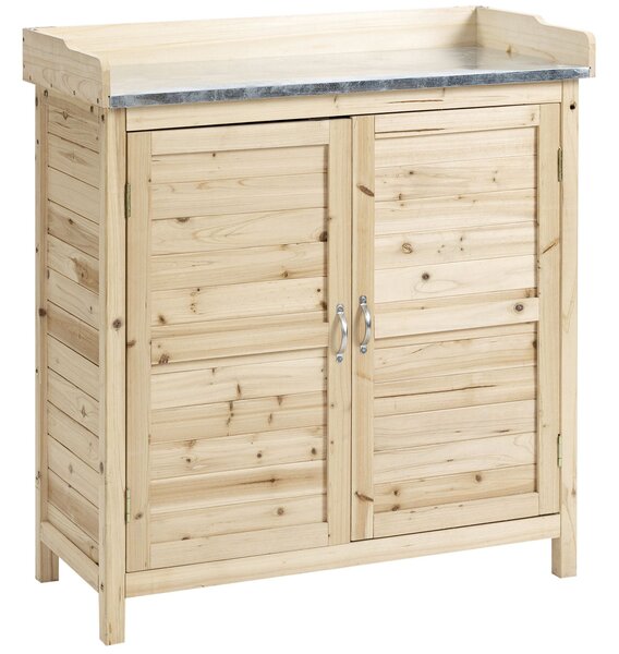 Outsunny Armadio da giardino con 2 ripiani, piano di lavoro in metallo con bordo rialzato, legno naturale, 83 x 40 x 92 cm