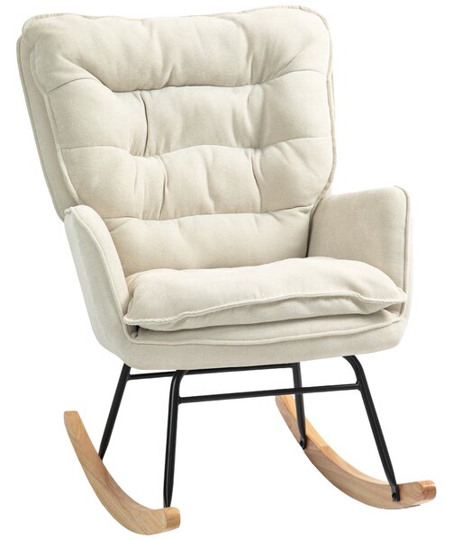 HOMCOM Sedia a Dondolo, Sedile Largo, Altezza Schienale, Telaio in Faggio, Fino a 120 kg, Beige