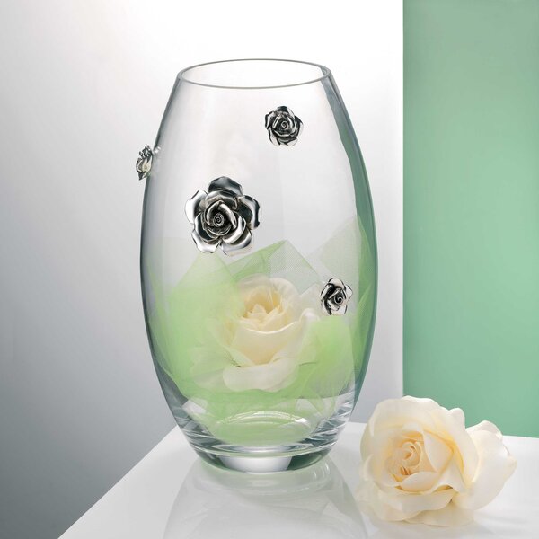 Bongelli Preziosi Vaso classico in vetro trasparente con applicazioni di rose in argento -