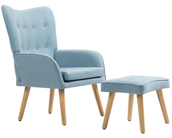 HOMCOM Poltrona con Poggiapiedi, Schienale Alto Trapuntato, Gambe in Legno e Rivestimento in Lino, Azzurro Chiaro | Aosom Italy