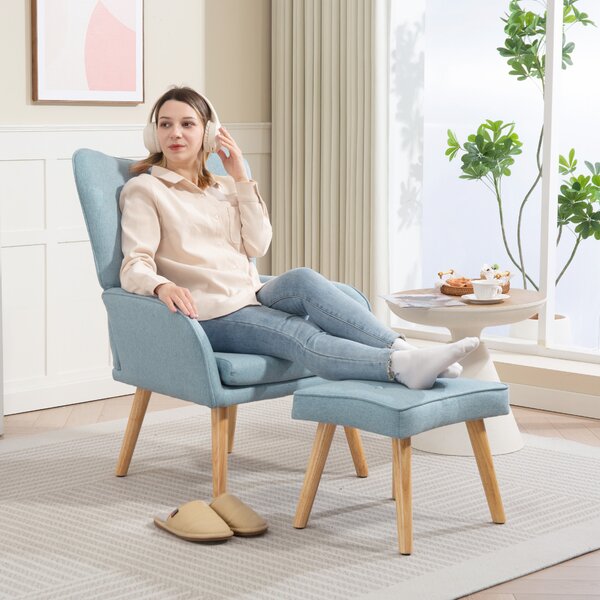 HOMCOM Poltrona con Poggiapiedi, Schienale Alto Trapuntato, Gambe in Legno e Rivestimento in Lino, Azzurro Chiaro | Aosom Italy