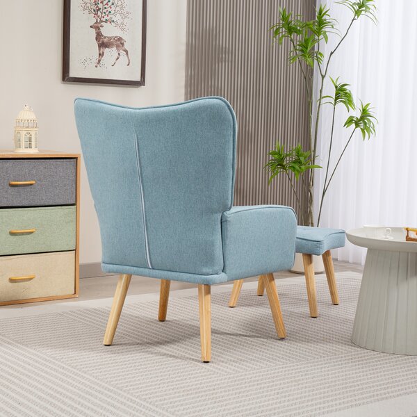 HOMCOM Poltrona con Poggiapiedi, Schienale Alto Trapuntato, Gambe in Legno e Rivestimento in Lino, Azzurro Chiaro | Aosom Italy