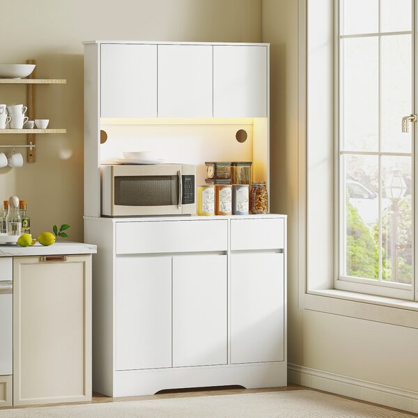 HOMCOM Buffet cucina mobile cucina alto con luce LED RGB, piano di lavoro, 6 porte, 2 cassetti, bianco | Aosom Italy