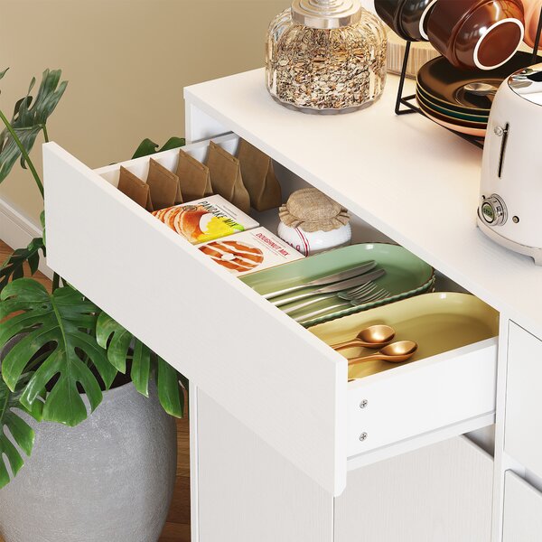 HOMCOM Buffet cucina mobile cucina alto con luce LED RGB, piano di lavoro, 6 porte, 2 cassetti, bianco | Aosom Italy