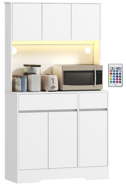 HOMCOM Buffet cucina mobile cucina alto con luce LED RGB, piano di lavoro, 6 porte, 2 cassetti, bianco | Aosom Italy