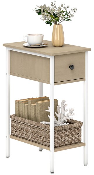 HOMCOM Tavolino Ausiliario Stretto con Cassetto Scaffale Aperto e Struttura Metallica per Salotto Camera 25x39,8x58,2 cm Legno Naturale | Aosom Italy