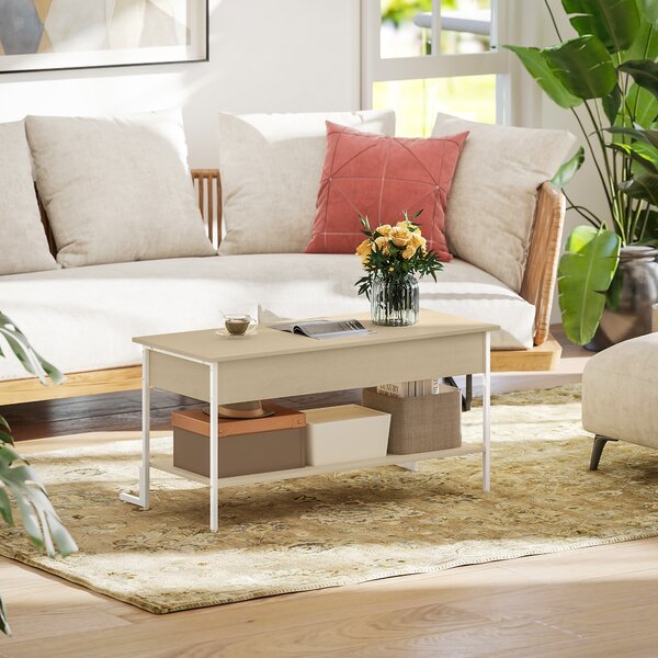 HOMCOM Tavolino da Centro Sollevabile con Chiusura Morbida Spazio Nascosto di Archiviazione e Scaffale Aperto 95x40x59 cm Legno Naturale e Bianco | Aosom Italy