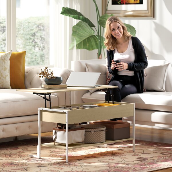 HOMCOM Tavolino da Centro Sollevabile con Chiusura Morbida Spazio Nascosto di Archiviazione e Scaffale Aperto 95x40x59 cm Legno Naturale e Bianco | Aosom Italy