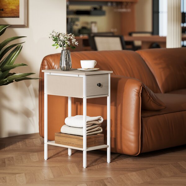 HOMCOM Tavolino Ausiliario Stretto con Cassetto Scaffale Aperto e Struttura Metallica per Salotto Camera 25x39,8x58,2 cm Legno Naturale | Aosom Italy