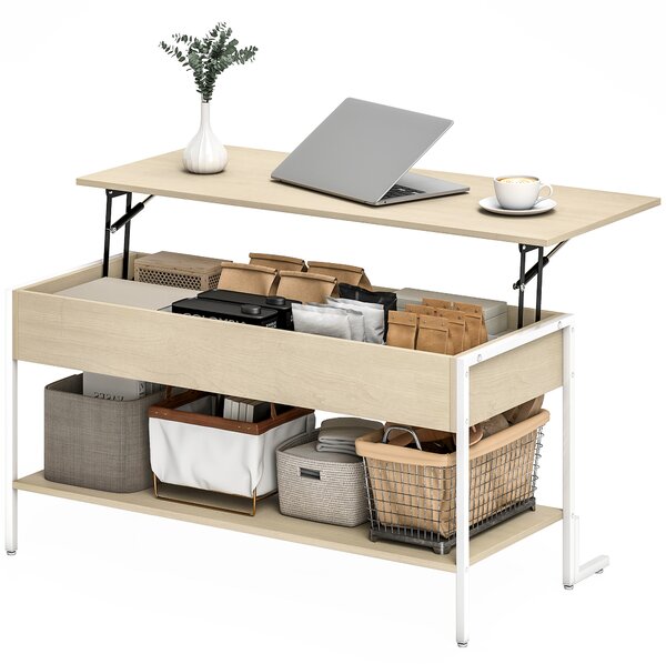HOMCOM Tavolino da Centro Sollevabile con Chiusura Morbida Spazio Nascosto di Archiviazione e Scaffale Aperto 95x40x59 cm Legno Naturale e Bianco | Aosom Italy