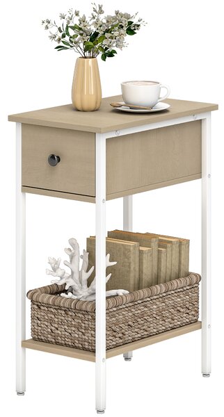 HOMCOM Tavolino Ausiliario Stretto con Cassetto Scaffale Aperto e Struttura Metallica per Salotto Camera 25x39,8x58,2 cm Legno Naturale | Aosom Italy