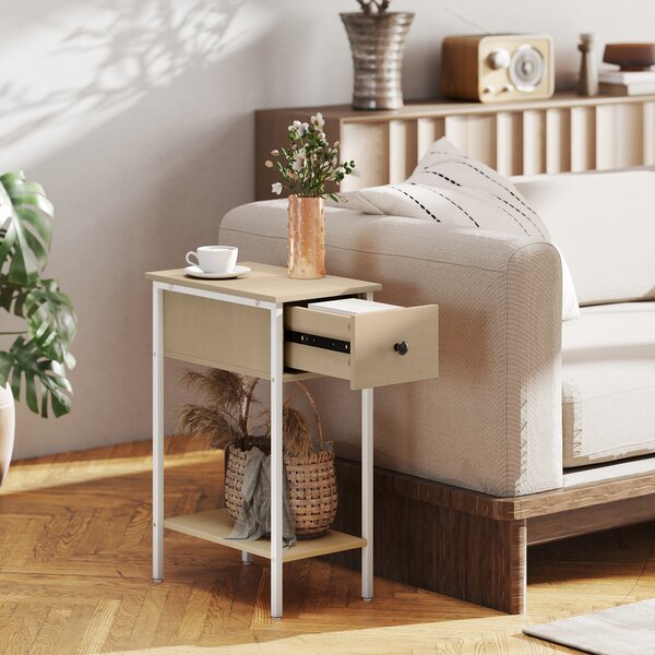 HOMCOM Tavolino Ausiliario Stretto con Cassetto Scaffale Aperto e Struttura Metallica per Salotto Camera 25x39,8x58,2 cm Legno Naturale | Aosom Italy