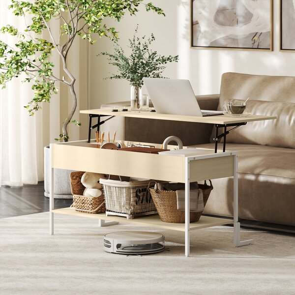 HOMCOM Tavolino da Centro Sollevabile con Chiusura Morbida Spazio Nascosto di Archiviazione e Scaffale Aperto 95x40x59 cm Legno Naturale e Bianco | Aosom Italy