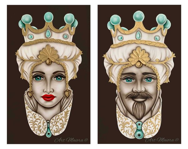 Art Maiora Quadro dipinto a mano su tela "Teste di moro crown" 110x65 set 2pz -