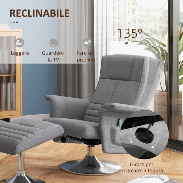 HOMCOM Poltrona Massaggiante e Reclinabile con Poggiapiedi, in Tessuto Effetto Lino, 78x90x93 cm, Grigio Scuro | Aosom Italy