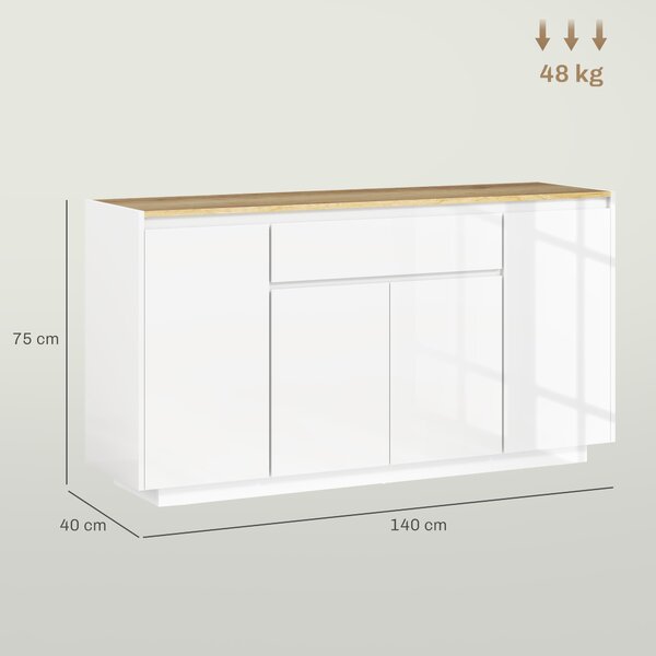 HOMCOM Credenza da Cucina Moderna con Cassetto e 3 Armadietti con Ripiani Regolabili, 140x40x75 cm, Bianco