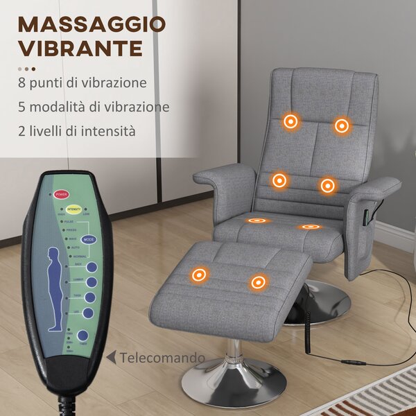 HOMCOM Poltrona Massaggiante e Reclinabile con Poggiapiedi, in Tessuto Effetto Lino, 78x90x93 cm, Grigio Scuro | Aosom Italy