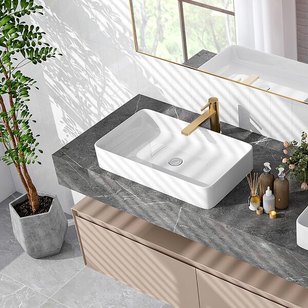 Lavabo da appoggio angolare, lavabo da bagno in Vetroceramica bianca, lavabo con scarico a gancio, lavabo largo 60 cm, lavabo da appoggio per bagno e bagno degli ospiti
