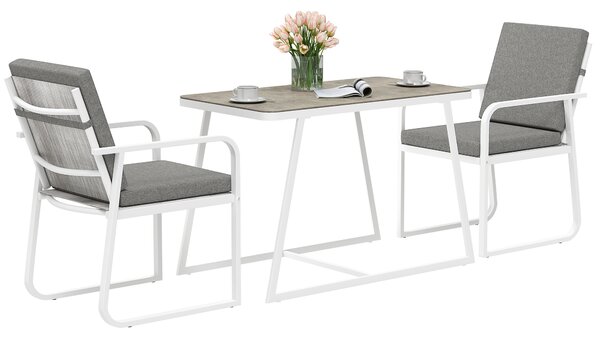 Set da Esterno 3 Pezzi Tavolo con Piano in Vetro e 2 Sedie con Cuscini Bianco