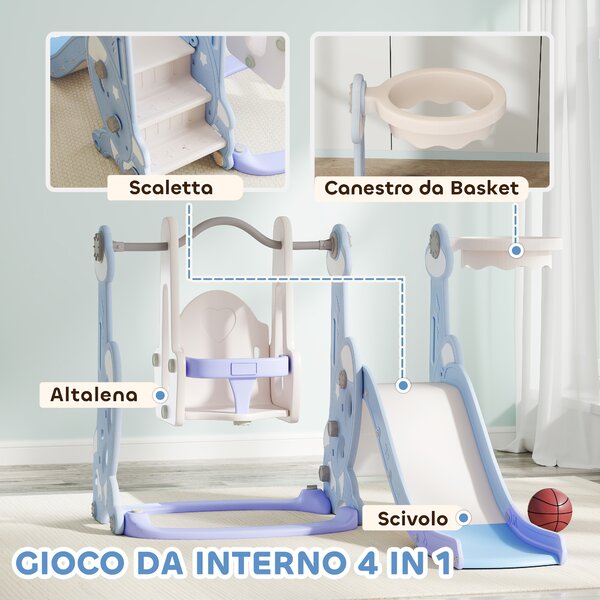 AIYAPLAY Gioco per Bambini 4 in 1 con Scivolo, Altalena, Arrampicata e Canestro, 147.5x160x107 cm, Azzurro Chiaro
