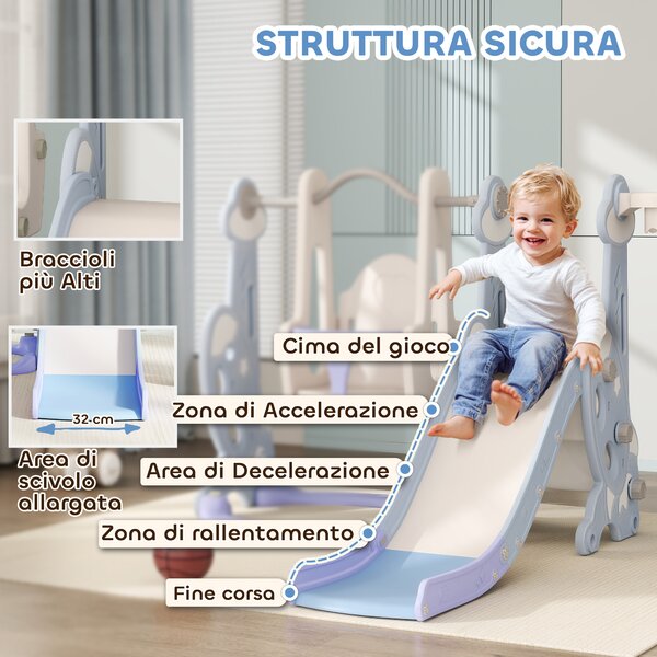 AIYAPLAY Gioco per Bambini 4 in 1 con Scivolo, Altalena, Arrampicata e Canestro, 147.5x160x107 cm, Azzurro Chiaro
