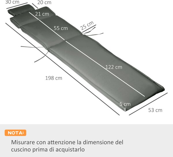 Outsunny Cuscino per Sdraio Lettino Prendisole da Giardino 198x53x5cm Grigio|Aosom