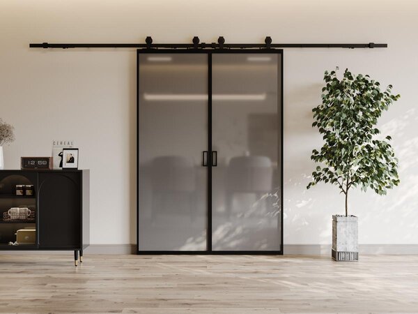 Porta scorrevole doppia sistema esterno muro alluminio e vetro temp. fumé smerigliato 2xH205xL63cm - LINCI II
