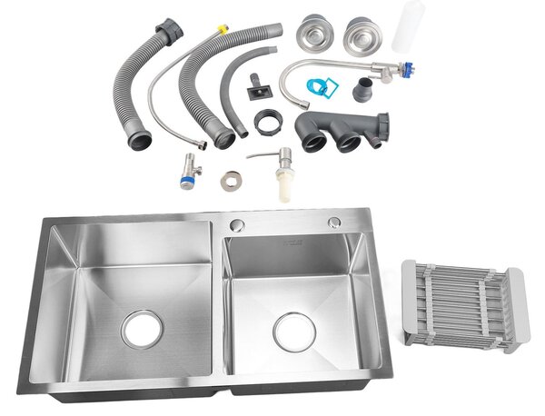 Lavello da cucina a doppia vasca, professionale, moderno, elegante, in acciaio inossidabile con rubinetto e dispenser di sapone per la casa