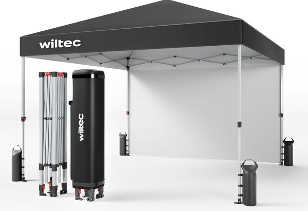 Gazebo pieghevole Wiltec 3 x 3 m grigio con ruote, gazebo pieghevole con tecnologia "One Push", gazebo da giardino con protezione UV 50+, gazebo per campeggio